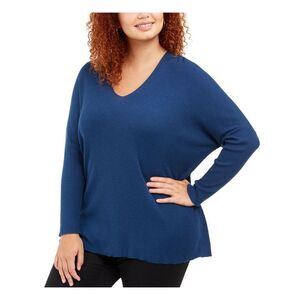 ANNE KLEIN Womens Navy Long Sleeve V Neck Top Plus 0X\1X